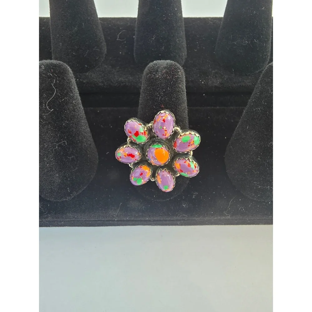Purple Multi Color Composite Stone Flower Cluster Statement Ring Size 7.5